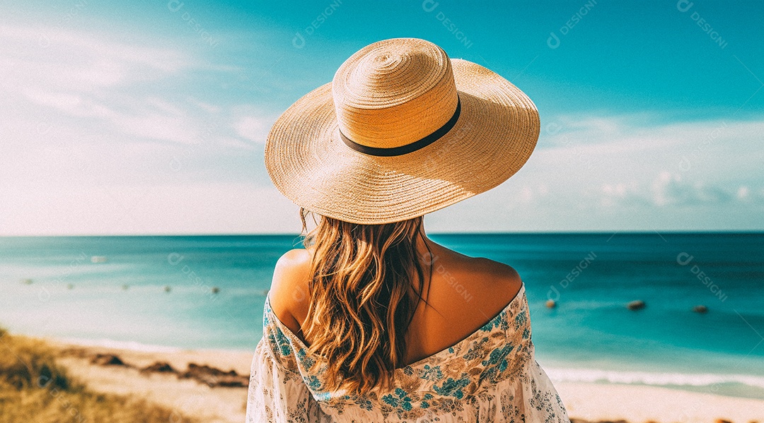 Mulher usando chapéu de palha fica na praia