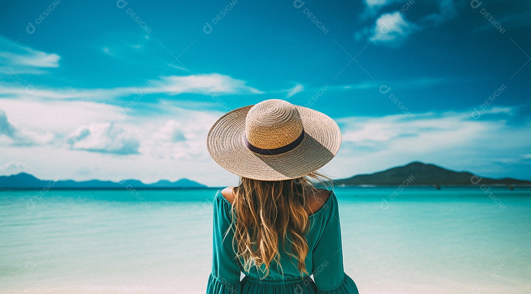 Mulher usando chapéu de palha fica na praia