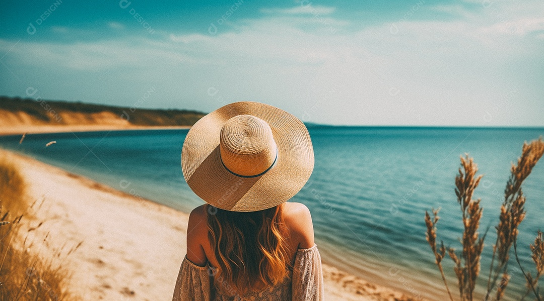 Mulher usando chapéu de palha fica na praia