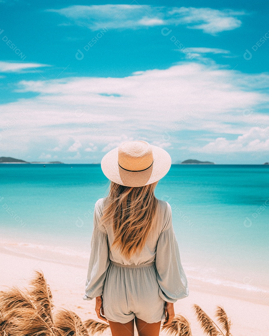 Mulher usando chapéu de palha fica na praia
