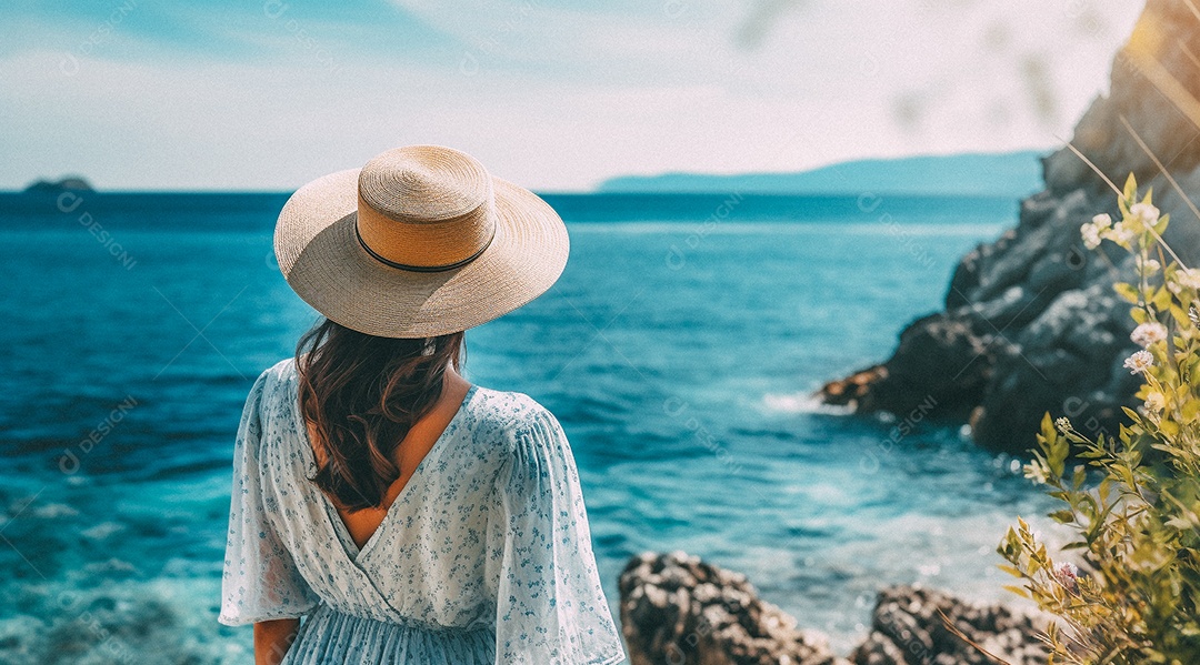 Mulher usando chapéu de palha fica na praia