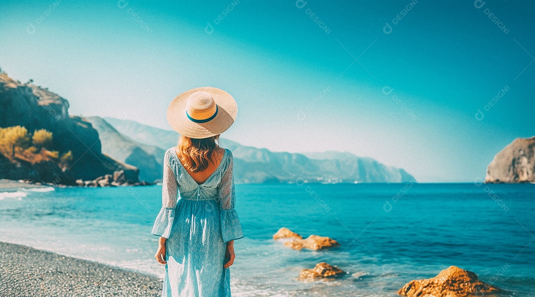 Mulher usando chapéu de palha fica na praia