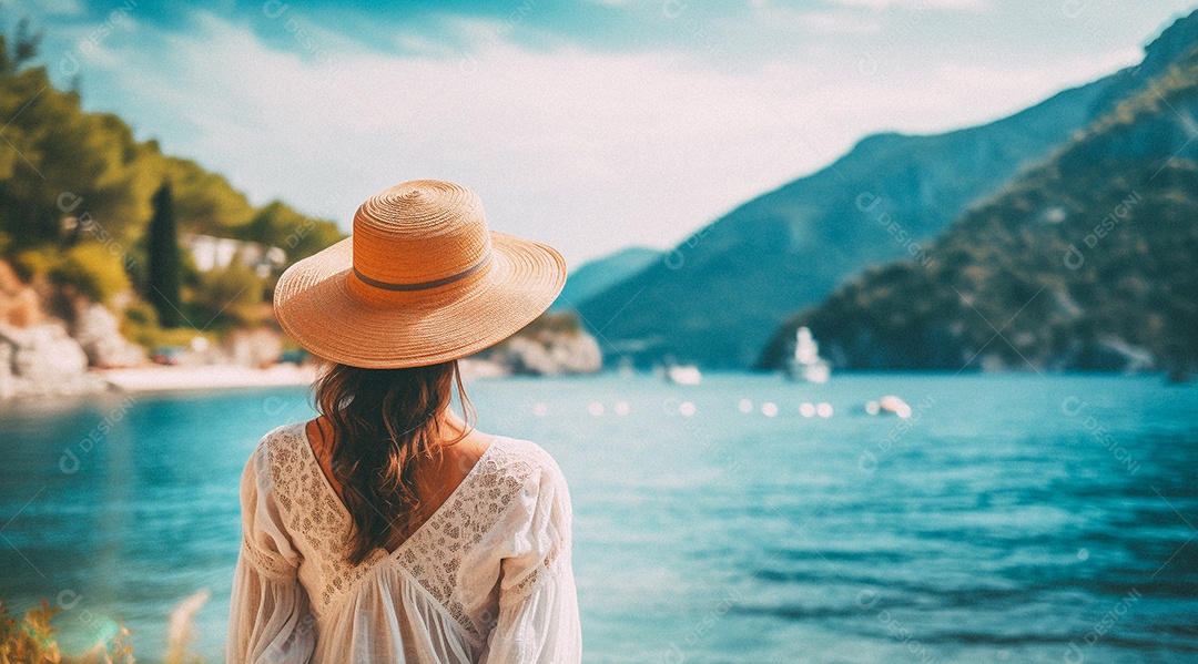 Mulher usando chapéu de palha fica na praia