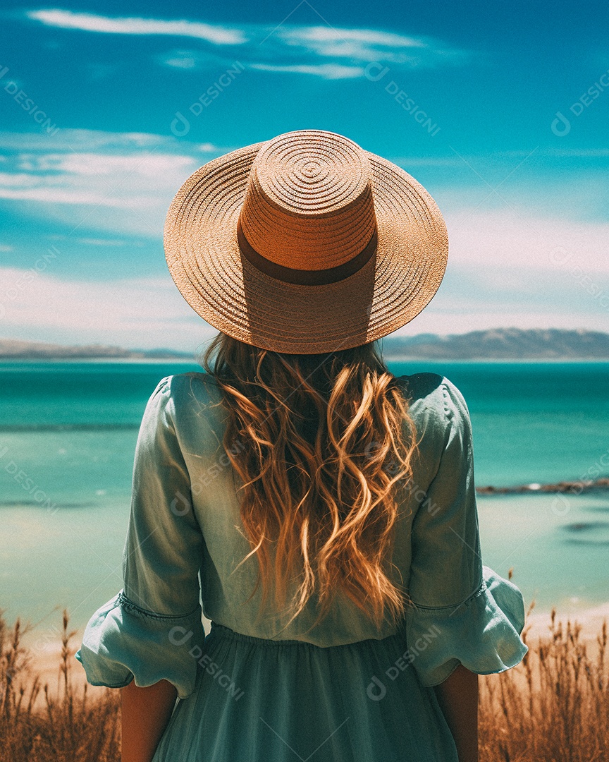 Mulher usando chapéu de palha fica na praia