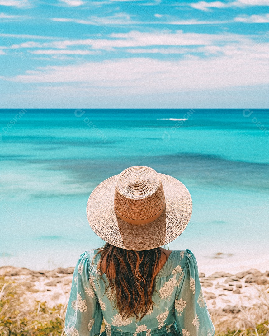 Mulher usando chapéu de palha fica na praia