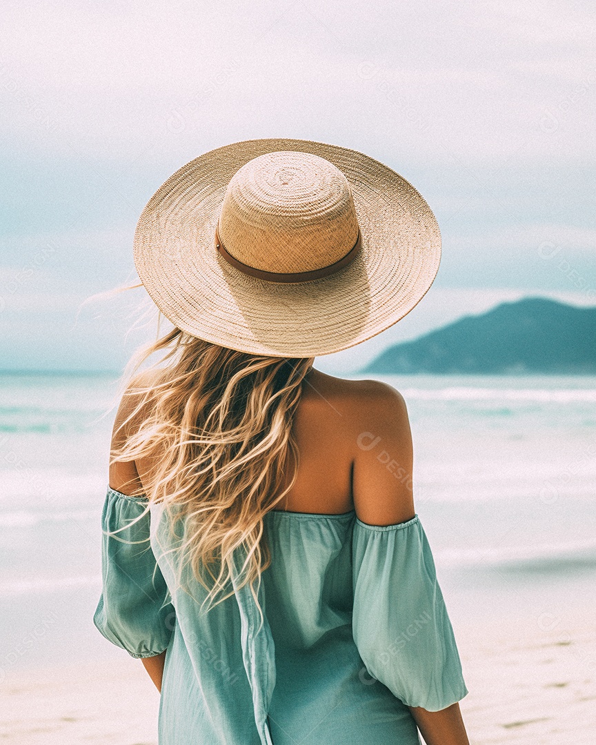 Mulher usando chapéu de palha fica na praia