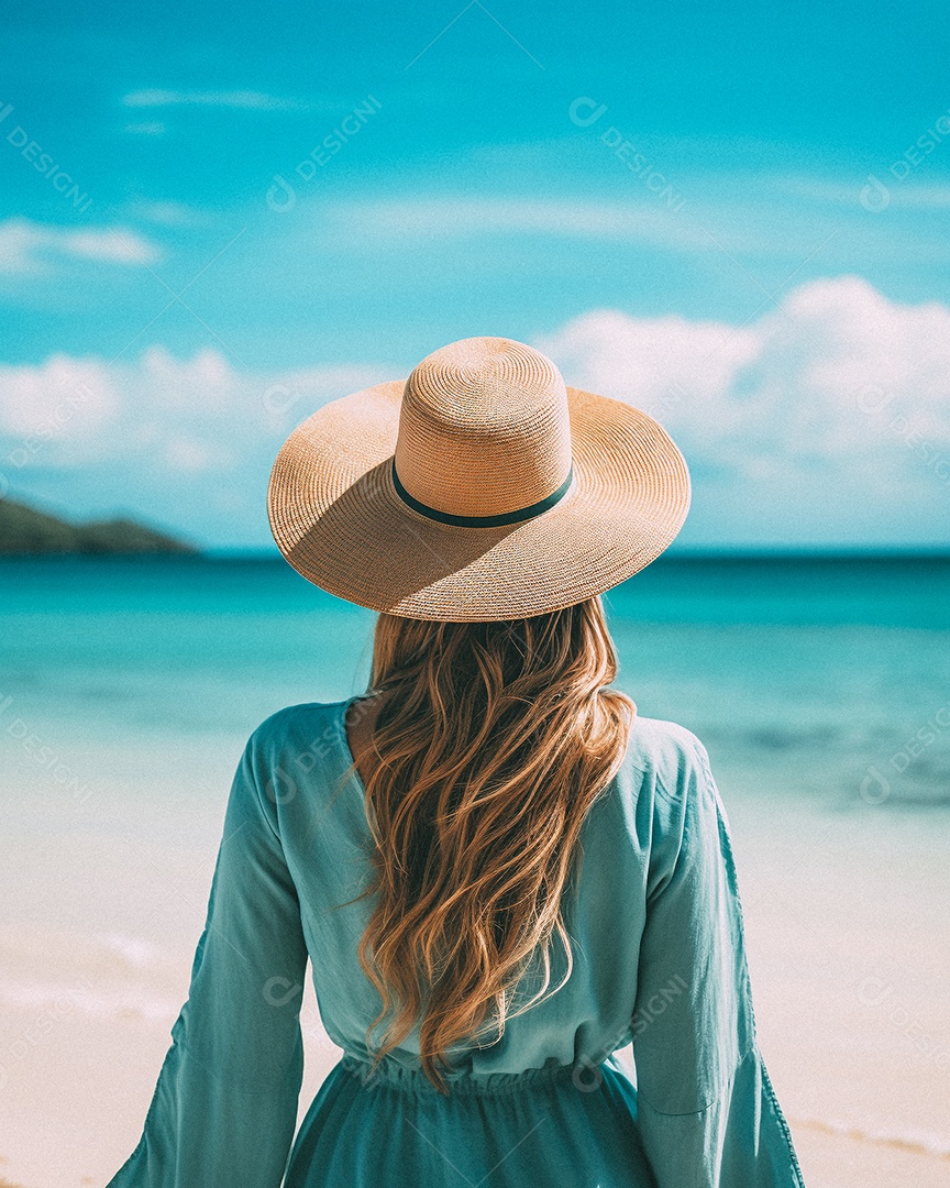 Mulher usando chapéu de palha fica na praia