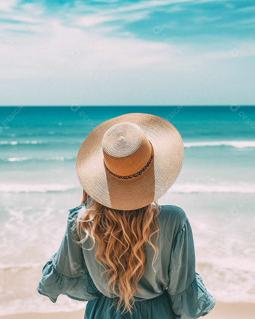 Mulher usando chapéu de palha fica na praia