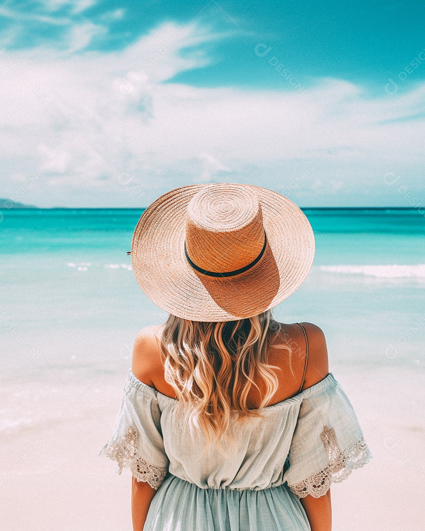 Mulher usando chapéu de palha fica na praia