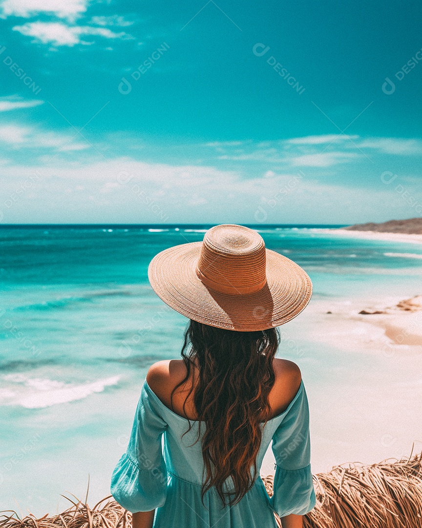 Mulher usando chapéu de palha fica na praia