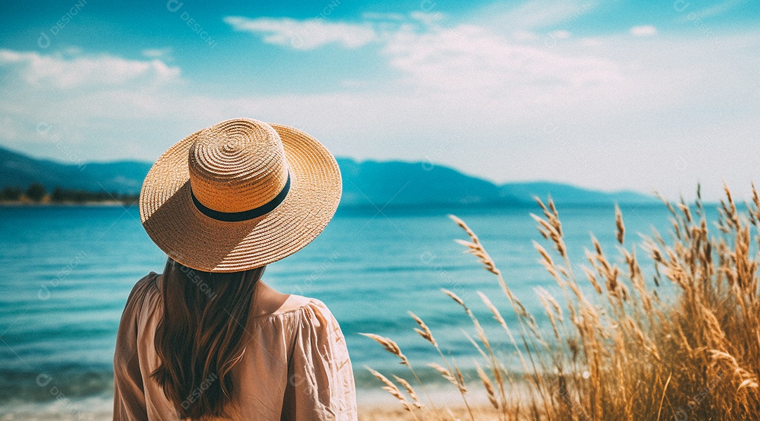 Mulher usando chapéu de palha fica na praia