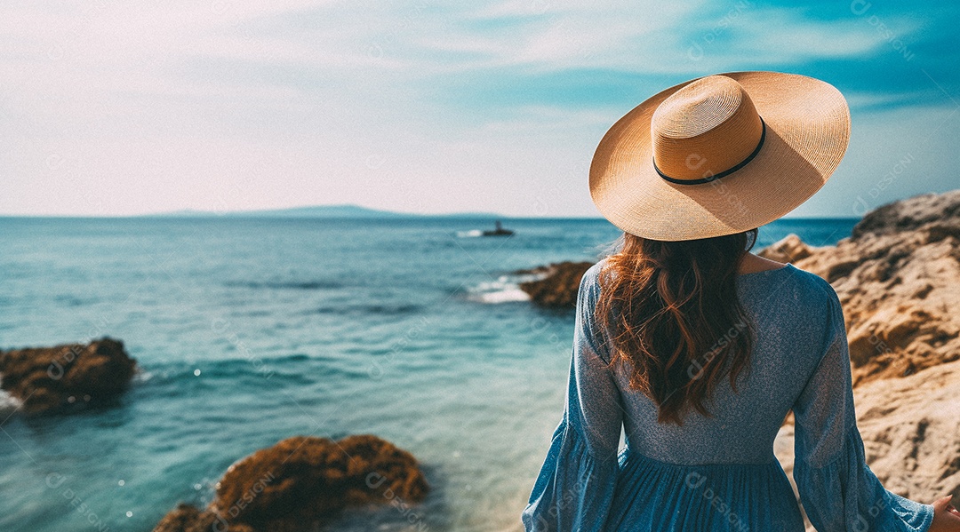 Mulher usando chapéu de palha fica na praia