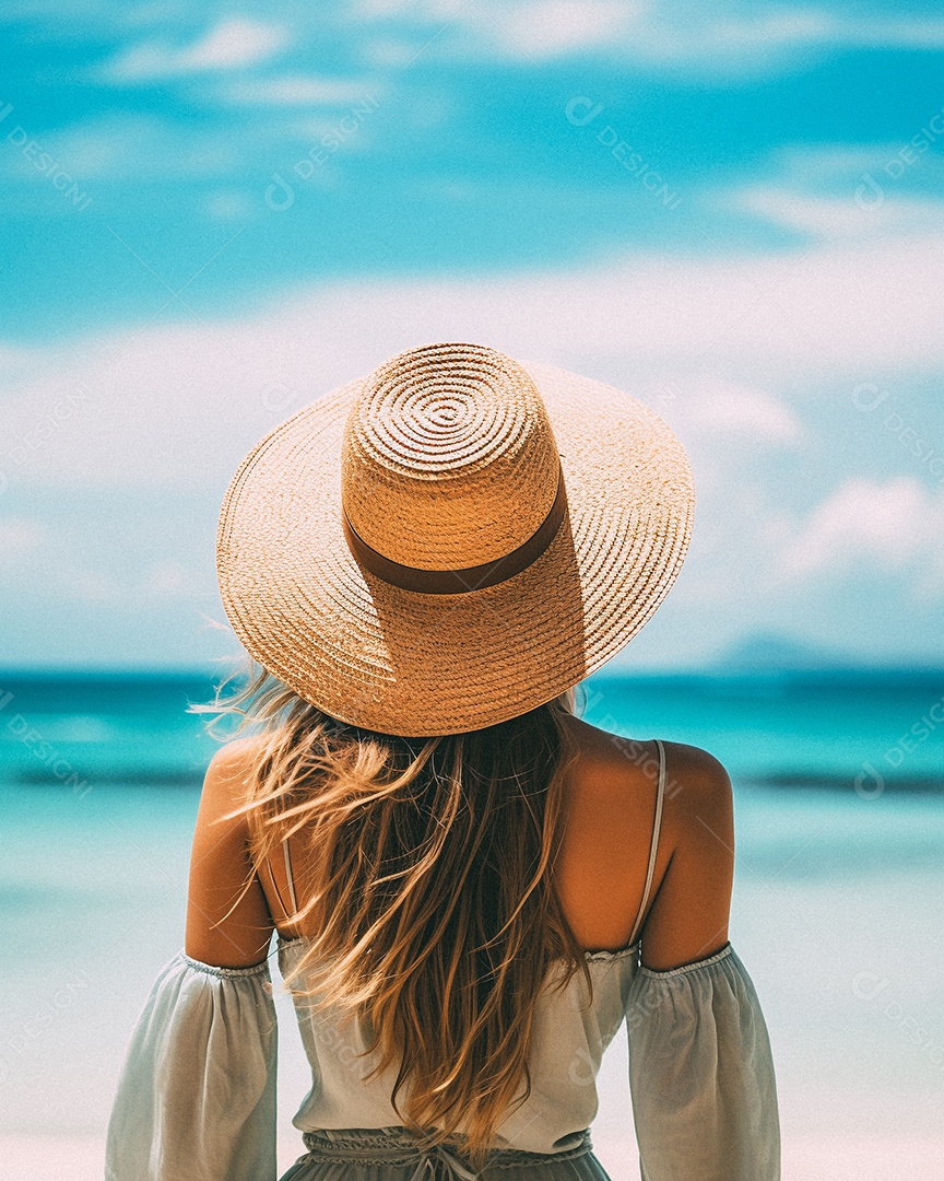 Mulher usando chapéu de palha fica na praia