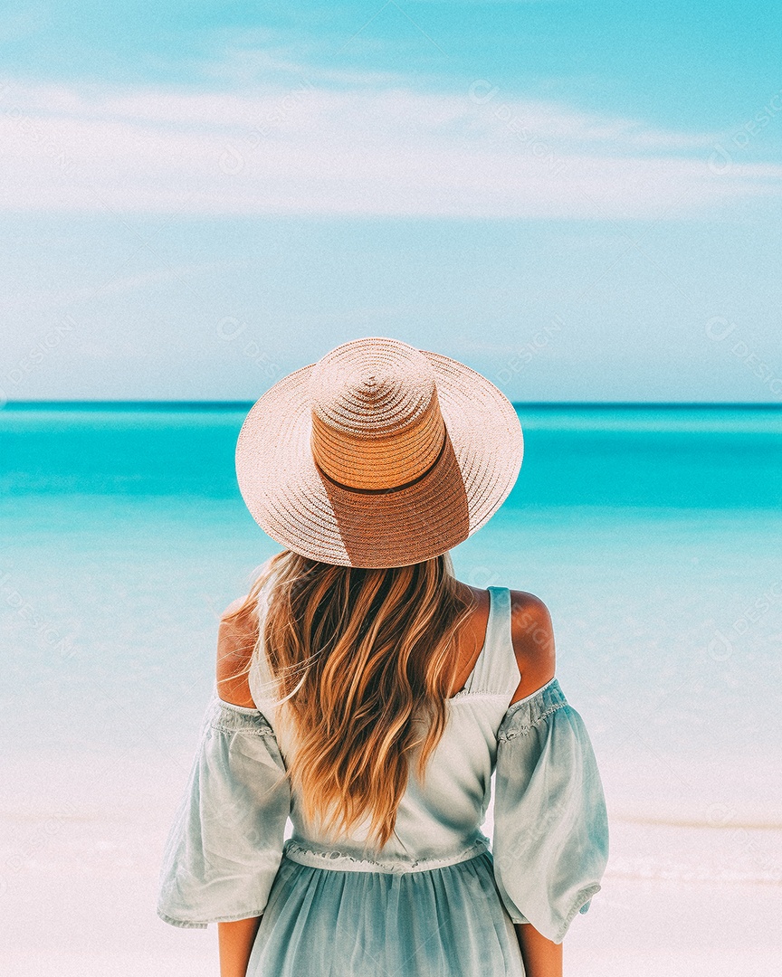 Mulher usando chapéu de palha fica na praia