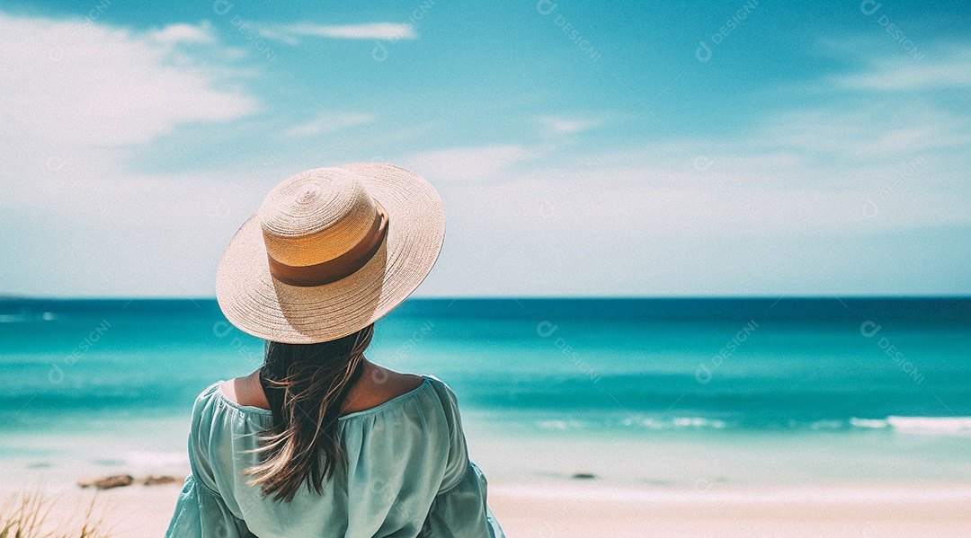 Mulher usando chapéu de palha fica na praia