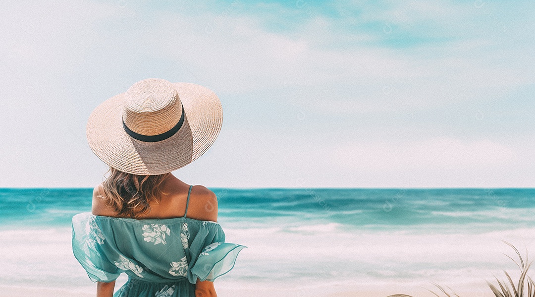 Mulher usando chapéu de palha fica na praia