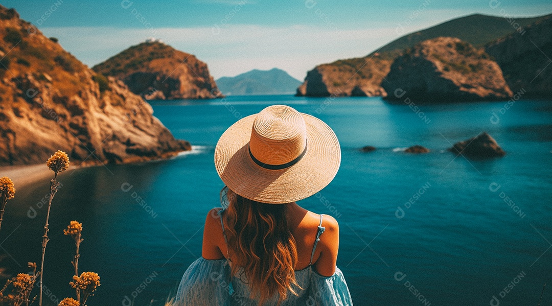 Mulher usando chapéu de palha fica na praia