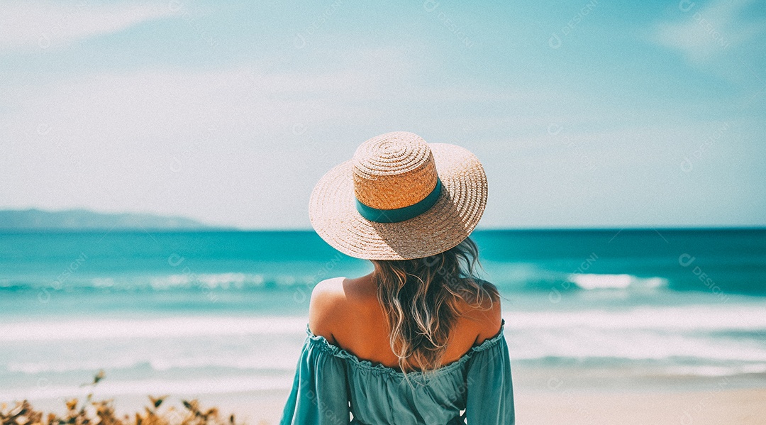 Mulher usando chapéu de palha fica na praia