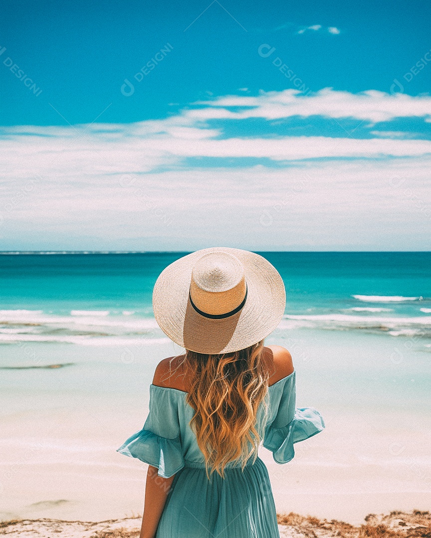 Mulher usando chapéu de palha fica na praia