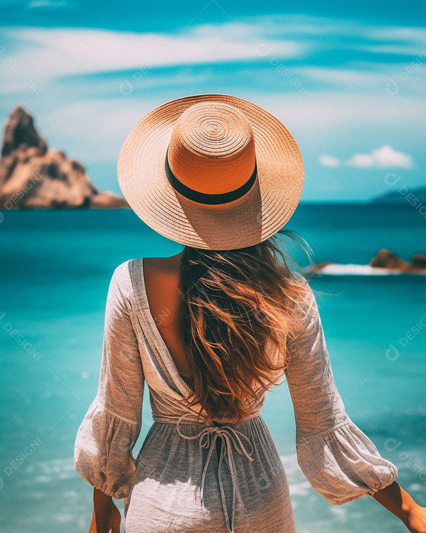 Mulher usando chapéu de palha fica na praia