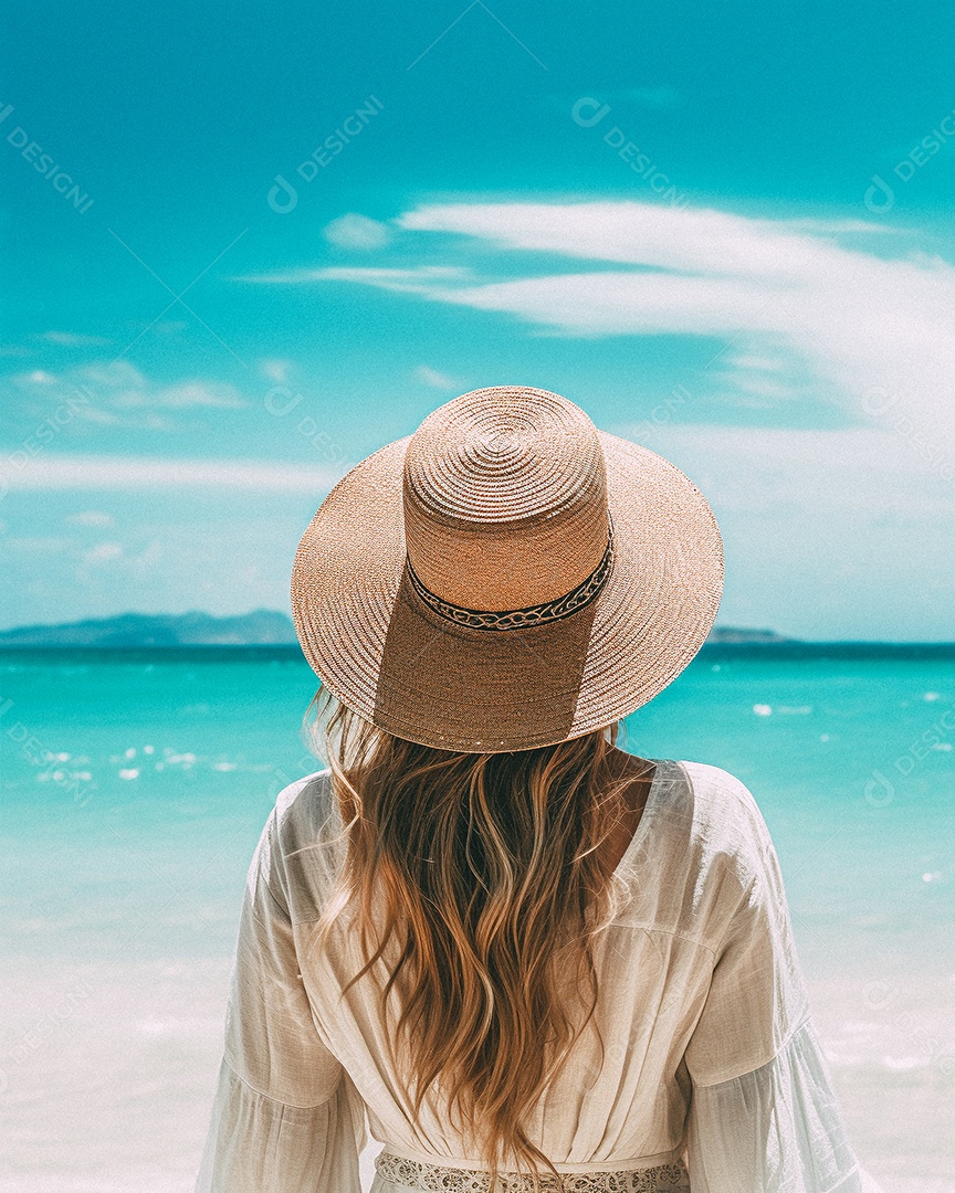 Mulher usando chapéu de palha fica na praia