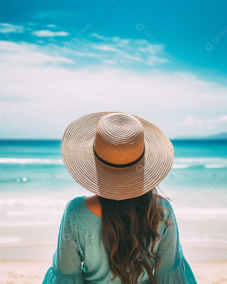 Mulher usando chapéu de palha fica na praia