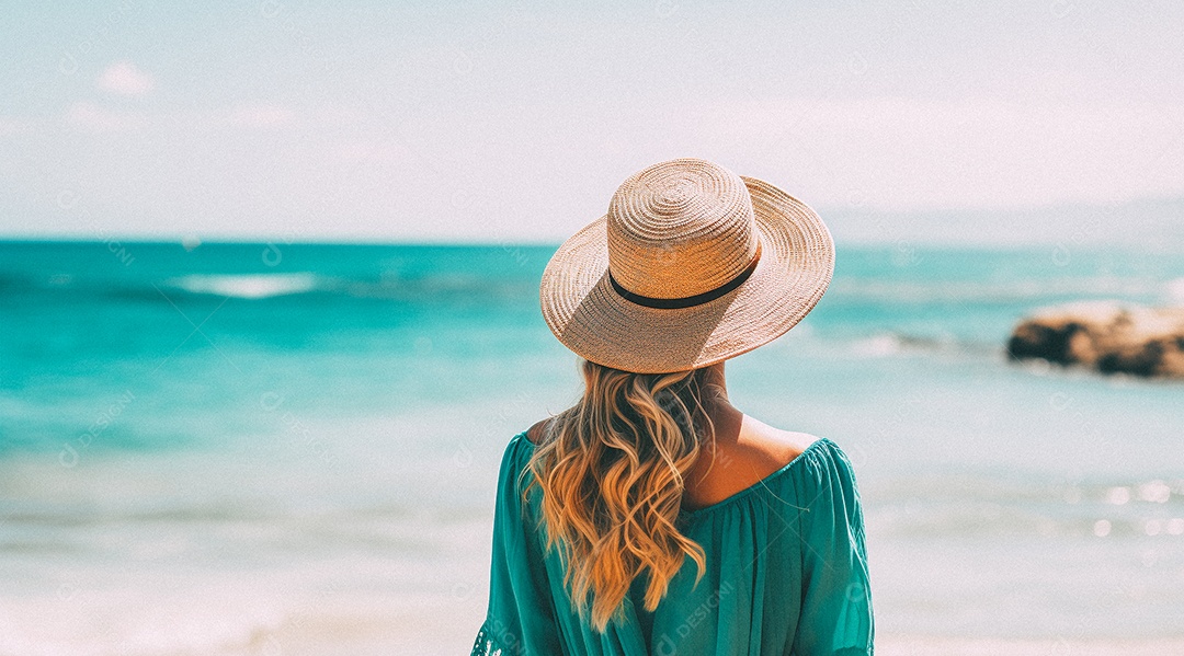 Mulher usando chapéu de palha fica na praia
