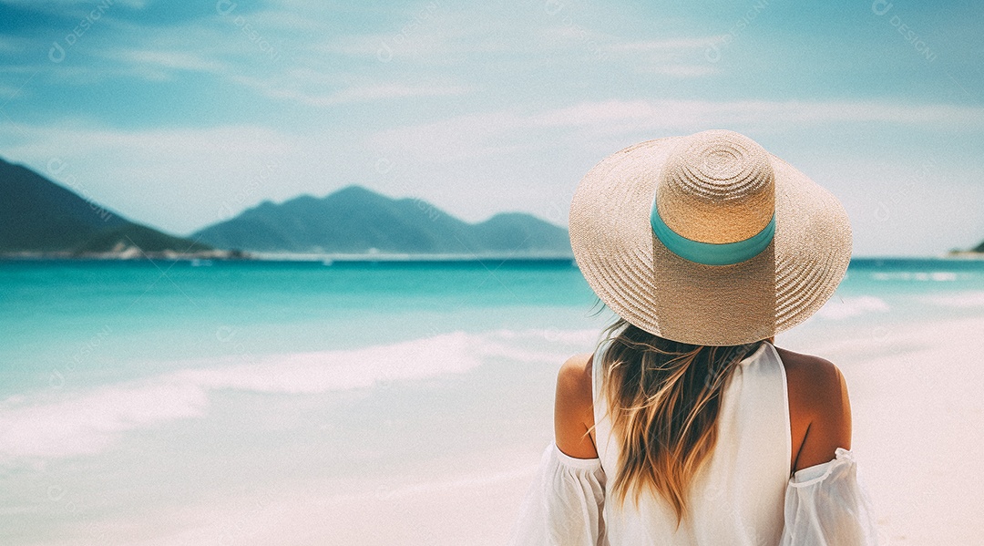 Mulher usando chapéu de palha fica na praia