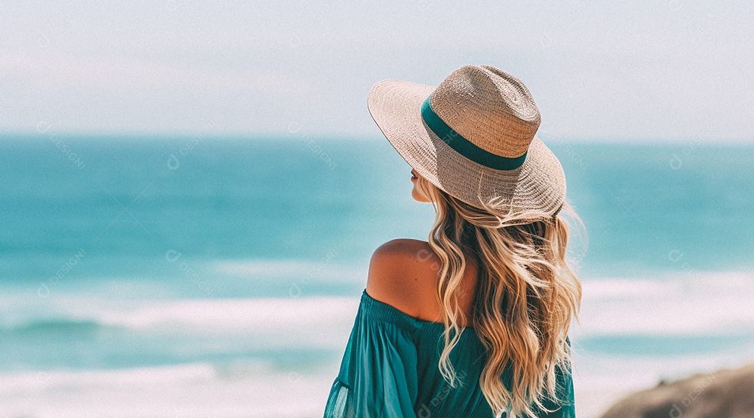 Mulher usando chapéu de palha fica na praia