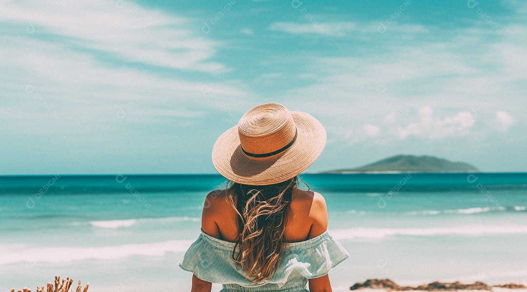 Mulher usando chapéu de palha fica na praia