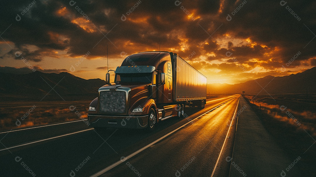 Caminhão dirigindo por uma rodovia em dia ensolarado