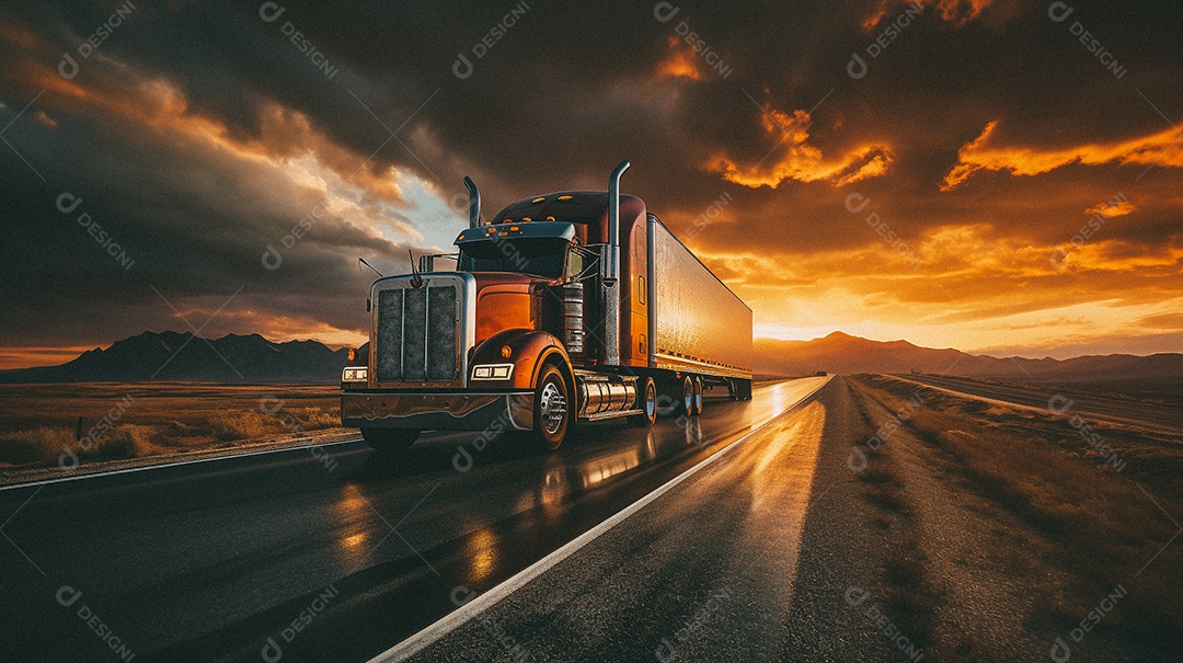 Caminhão dirigindo por uma rodovia em dia ensolarado