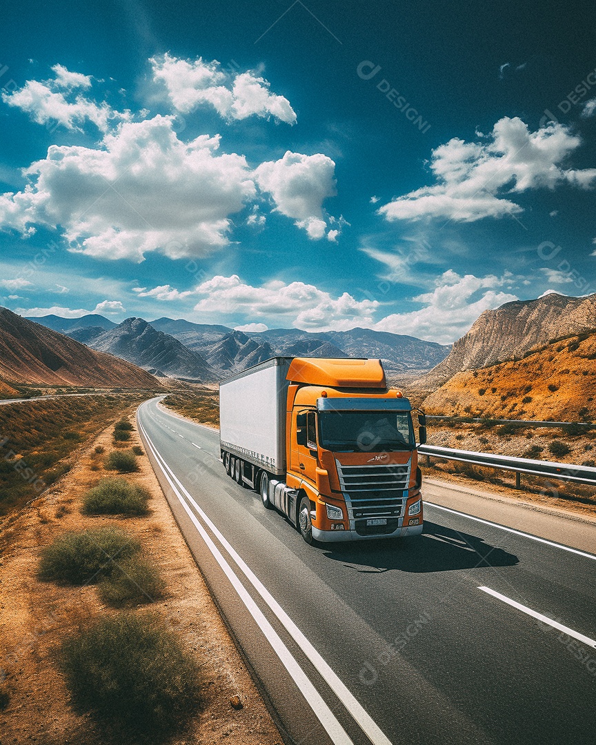 Caminhão dirigindo por uma rodovia em dia ensolarado