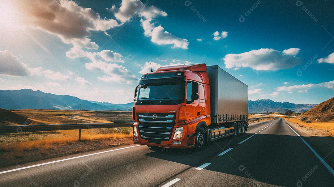 Caminhão dirigindo por uma rodovia em dia ensolarado
