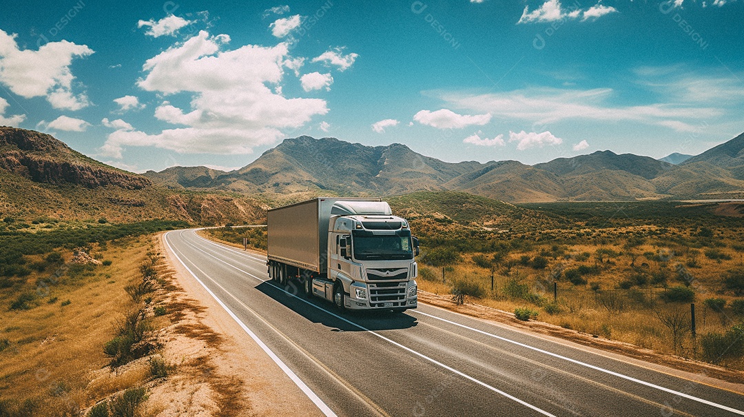 Caminhão dirigindo por uma rodovia em dia ensolarado