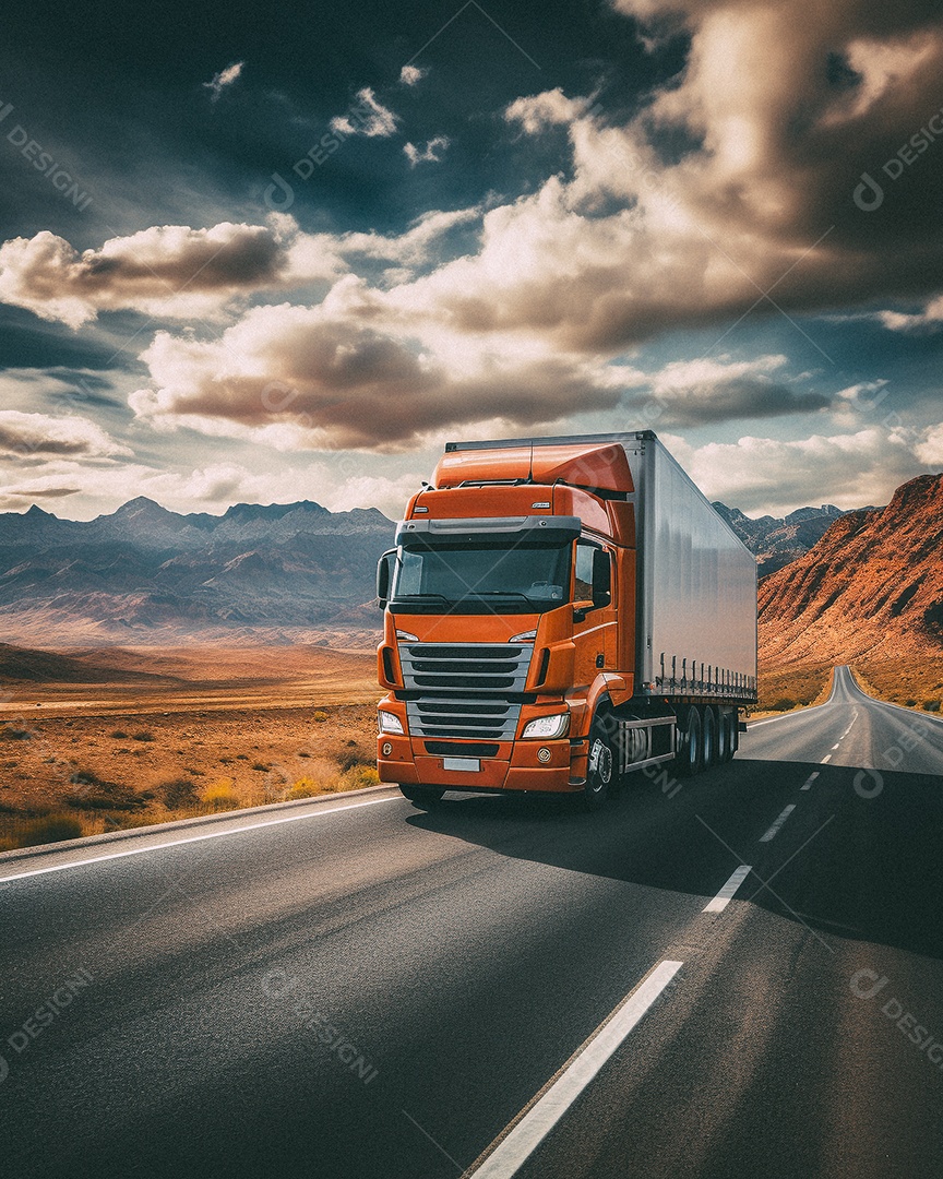 Caminhão dirigindo por uma rodovia em dia ensolarado