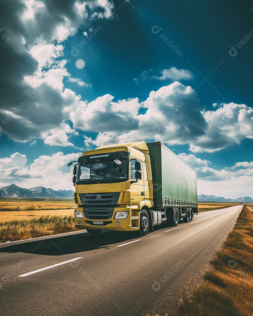Caminhão dirigindo por uma rodovia em dia ensolarado