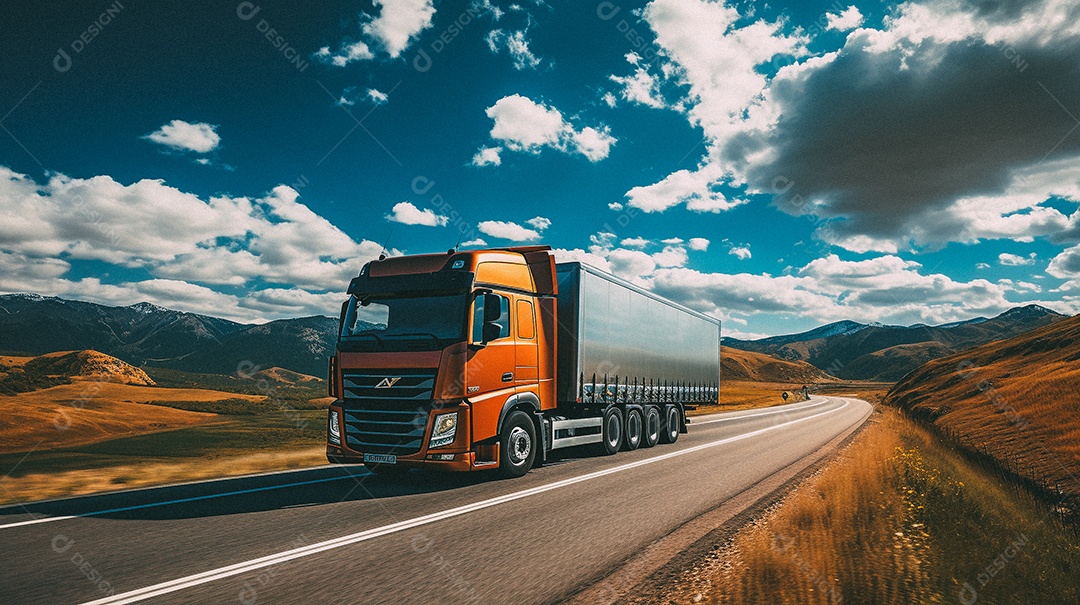 Caminhão dirigindo por uma rodovia em dia ensolarado