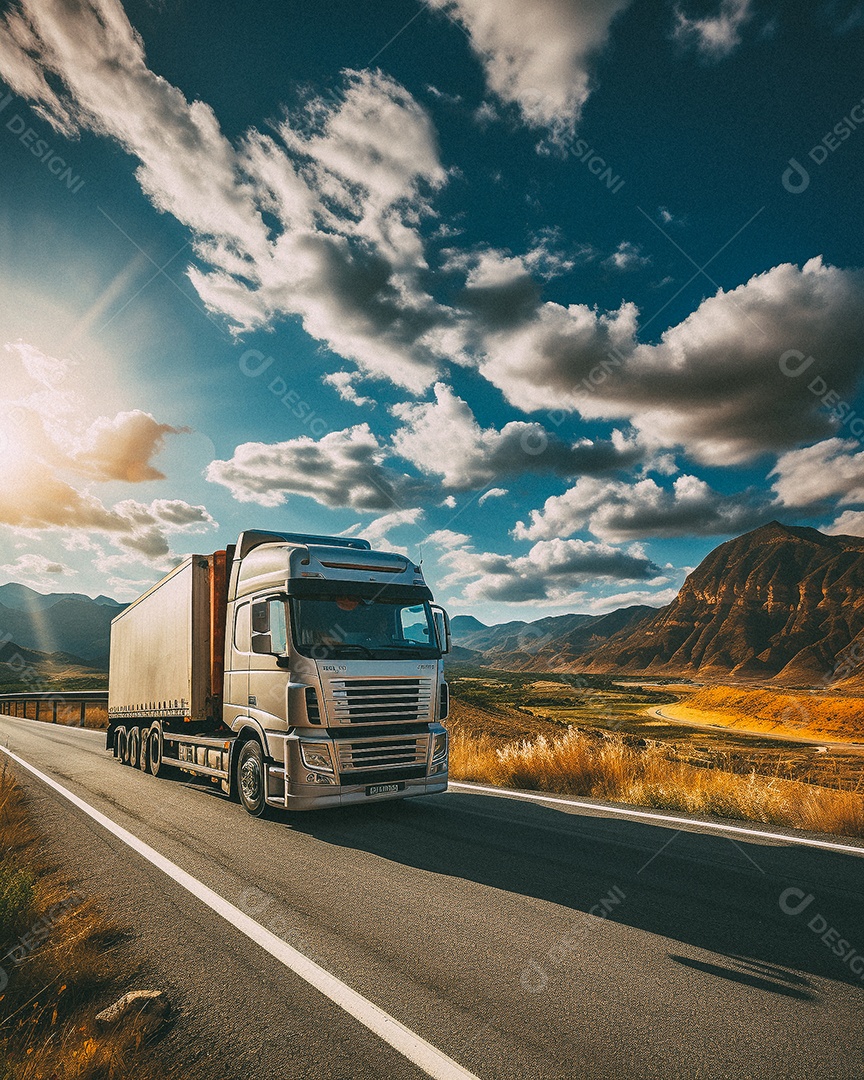Caminhão dirigindo por uma rodovia em dia ensolarado
