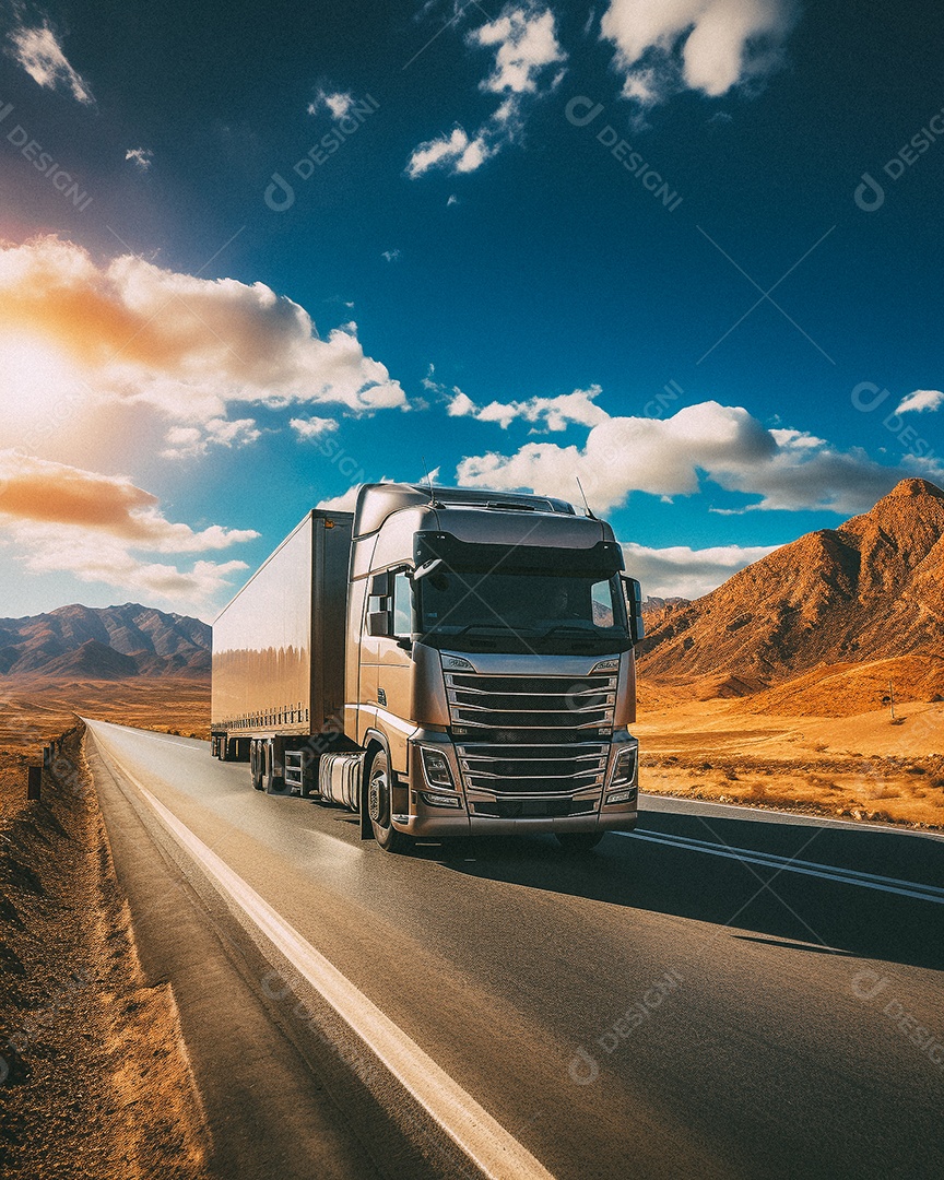 Caminhão dirigindo por uma rodovia em dia ensolarado