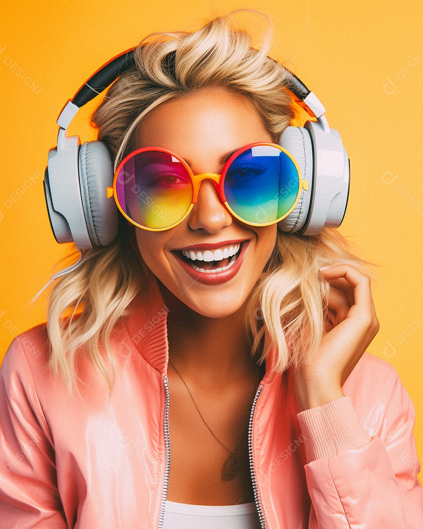 Mulher loira com fones de ouvido posando à noite com o sol