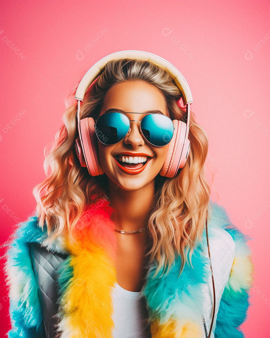 Mulher loira com fones de ouvido posando à noite com o sol