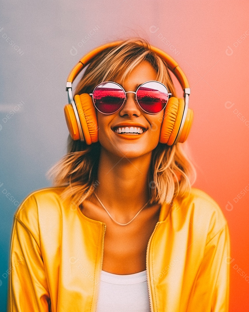 Mulher loira com fones de ouvido posando à noite com o sol