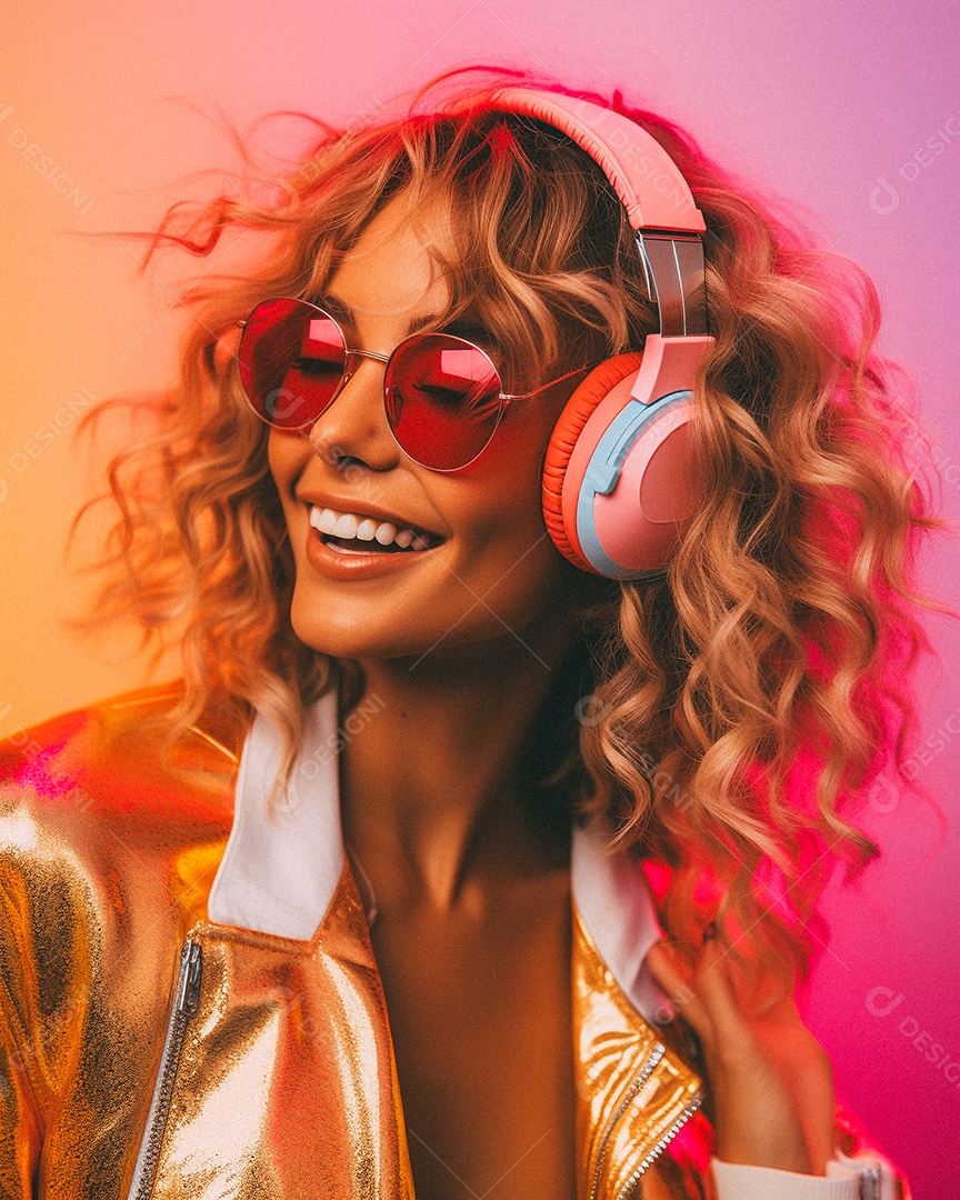 Mulher loira com fones de ouvido posando à noite com o sol