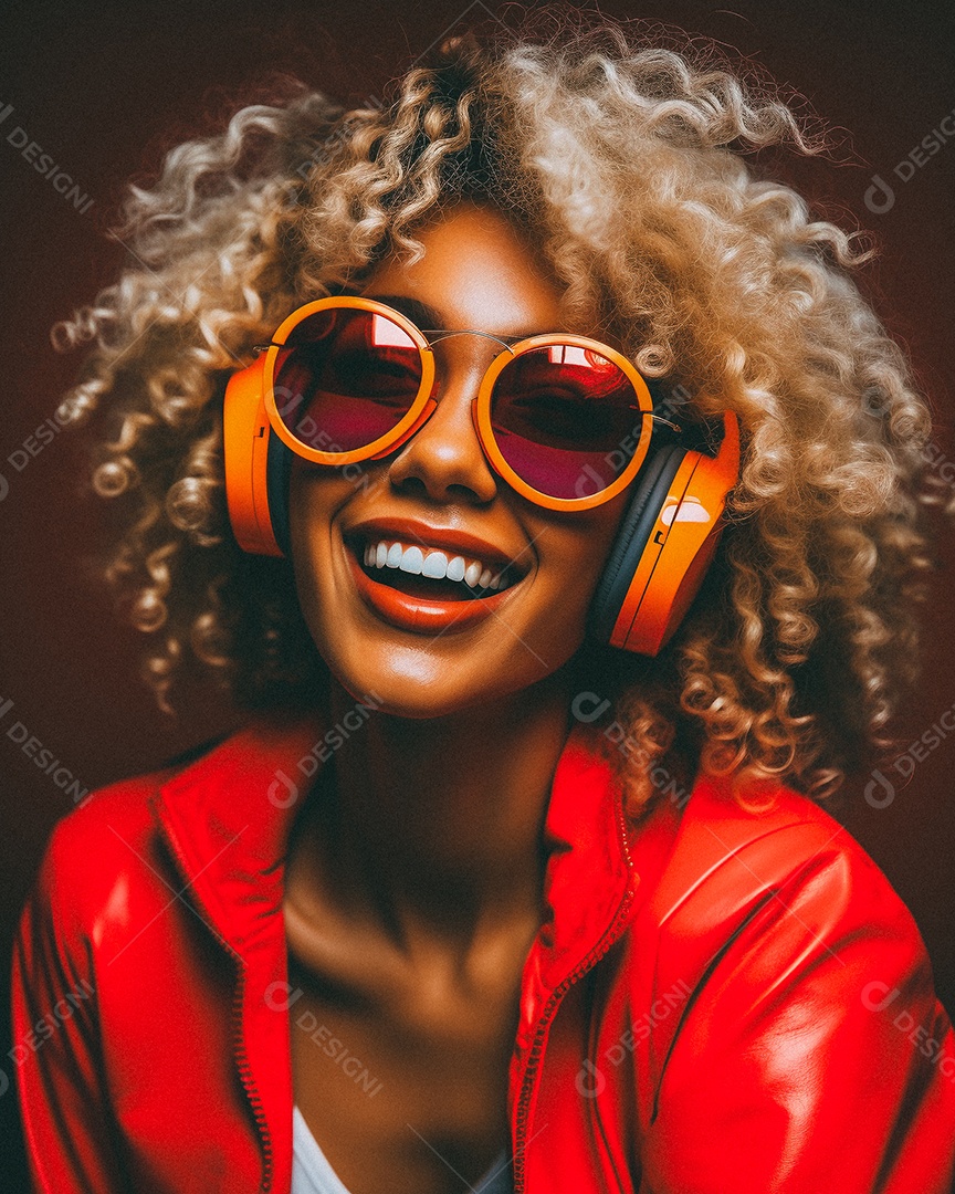 Mulher loira com fones de ouvido posando à noite com o sol