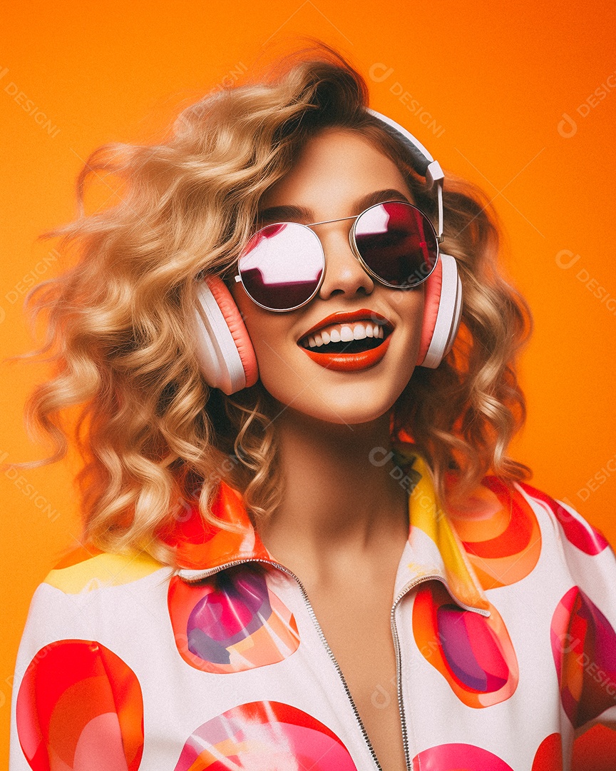 Mulher loira com fones de ouvido posando à noite com o sol