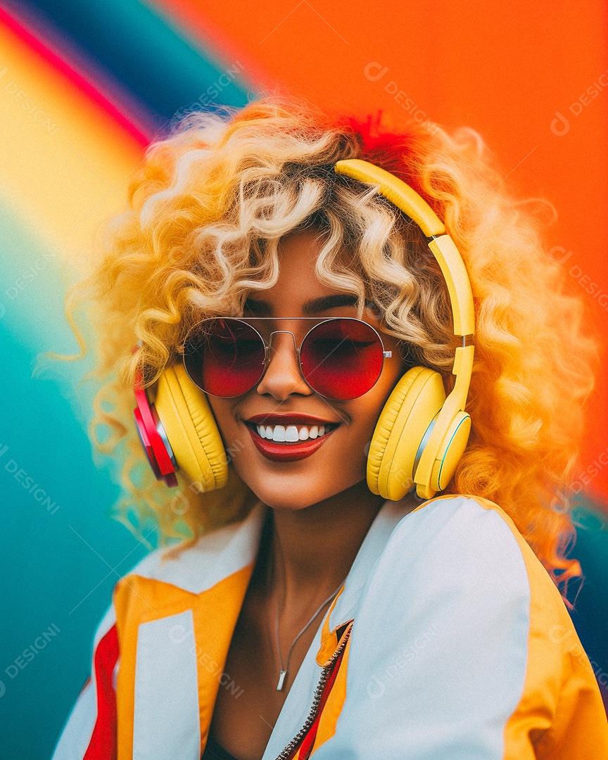 Mulher loira com fones de ouvido posando à noite com o sol