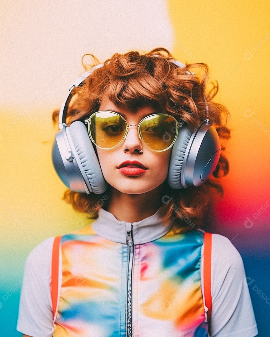 Mulher loira com fones de ouvido posando à noite com o sol