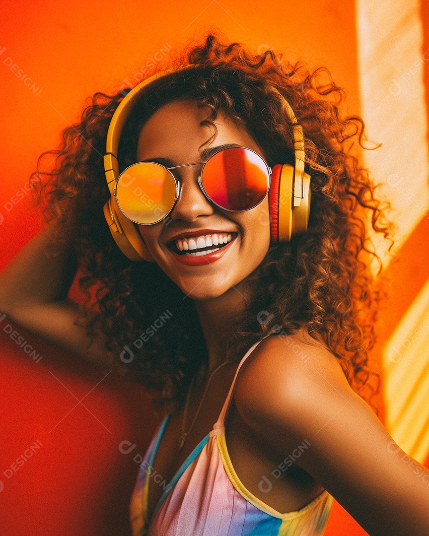 Mulher loira com fones de ouvido posando à noite com o sol