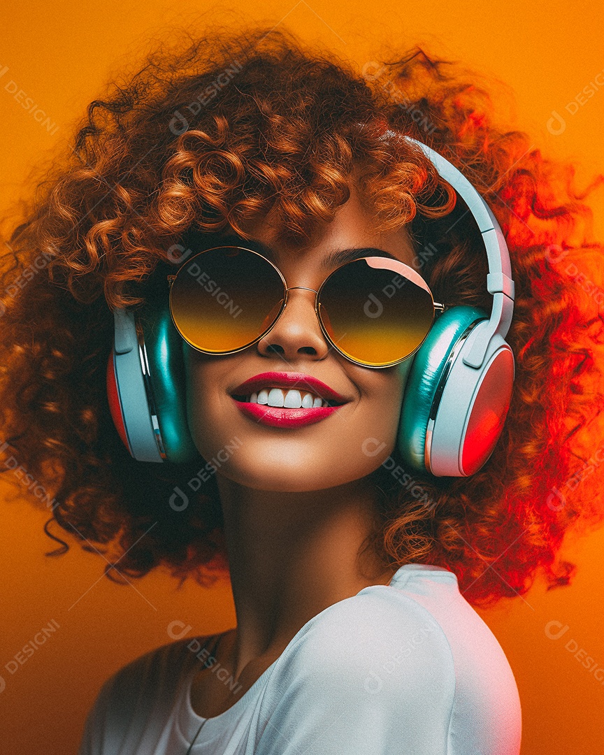 Mulher loira com fones de ouvido posando à noite com o sol